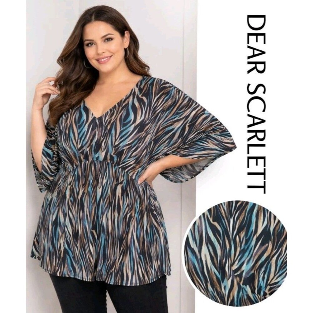 DEAR SCARLETT Womens 3X Kimono Sleeve Empire Waist V-Neck Animal Print Brown Top